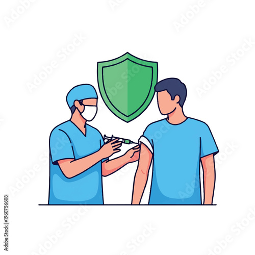 Illustration of a medical professional administering a vaccination to a patient with a green shield symbolizing protection in the background.
