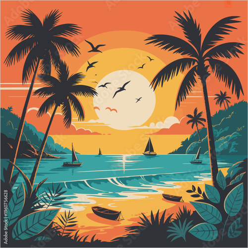 Tropical Beach Sunset With Palm Trees And Sailboats Keywords: tropical, beach, sunset, ocean