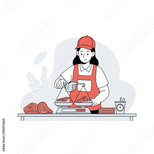 Butcher weighing portions of meat on a scale, illustrating food retail and service