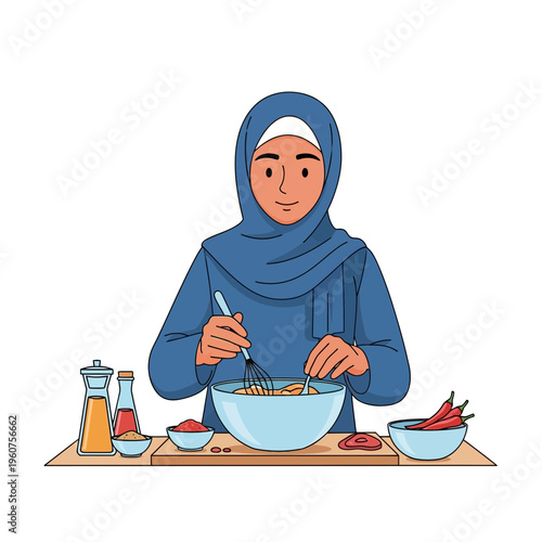 Muslim woman in hijab preparing food in a kitchen, whisking ingredients in a bowl with spices and chilies