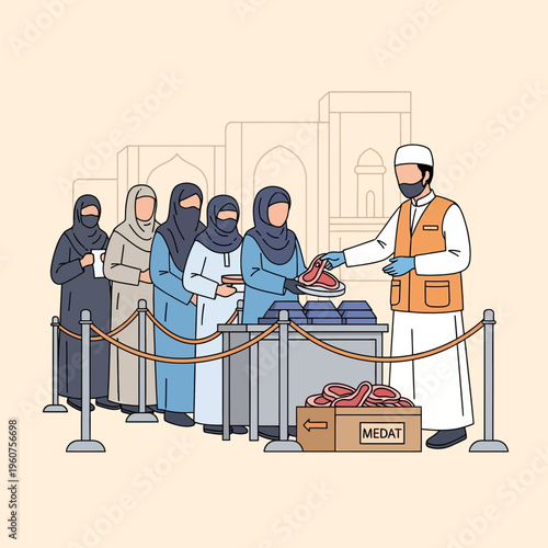 Muslim volunteer distributing food donations to a line of people in need