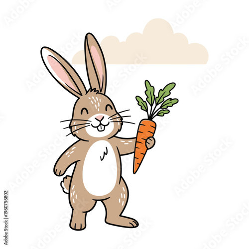 A happy brown rabbit illustration standing on its hind legs, holding a fresh orange carrot with green leaves