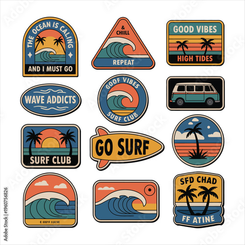 Retro Surf Beach Patches Collection Keywords: surf, beach, ocean, waves, palm trees, van, sunset