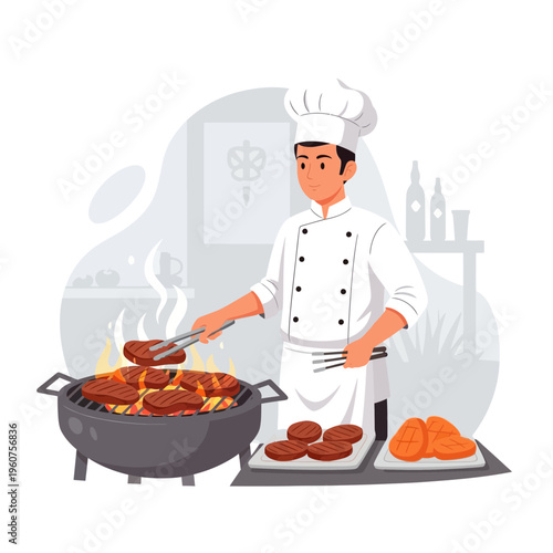 Skilled chef expertly grills sizzling steaks over open flames, preparing a delicious outdoor barbecue meal.