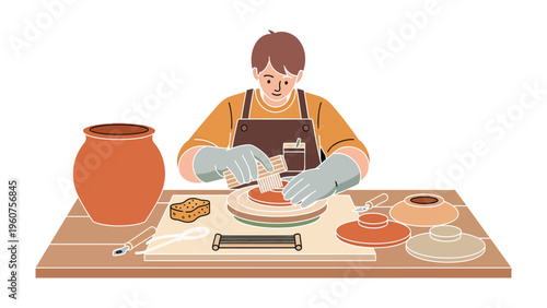 Potter at Work: A skilled artisan meticulously works on a pottery wheel, shaping clay into a beautiful vessel, reflecting artistry, and traditional craftsmanship.