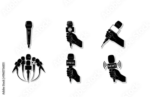 Press Microphone Handheld Silhouette Sticker, Authentic Journalism Reporting Vector, News Media Broadcast and Interview Illustration