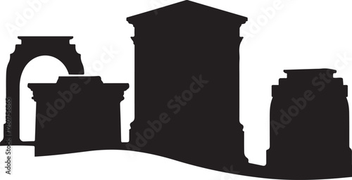 Architectural silhouette icons representing ancient monuments and structures against a clean white background