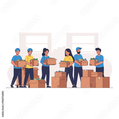 A diverse group of smiling volunteers working together to pack donation boxes for charity