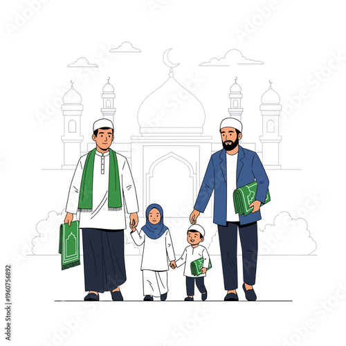 Muslim family walking home after Eid celebration towards mosque, carrying prayer mats