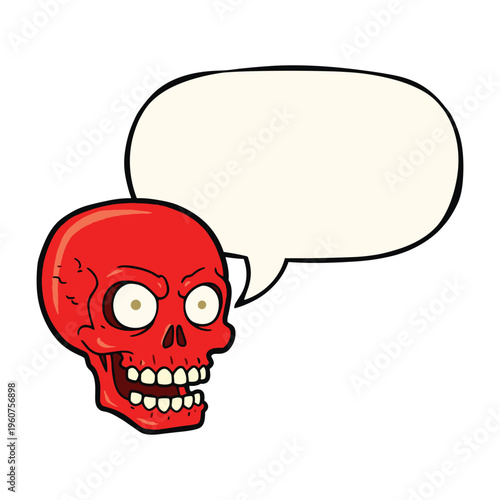 A red cartoon skull with wide eyes and an open mouth, next to an empty speech bubble on a white background, suggesting a humorous or expressive character