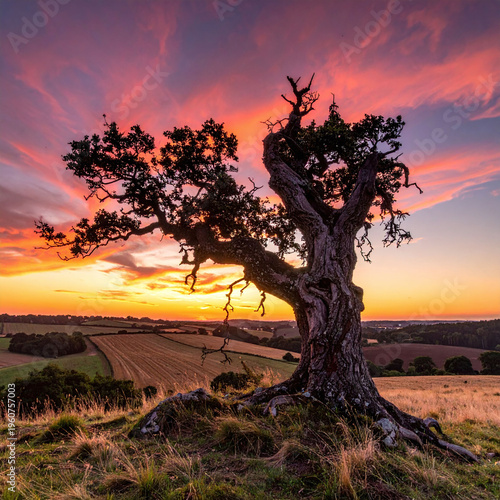 Capture the timeless beauty of nature with this ancient tree silhouetted against a fiery sunset. A perfect metaphor for resilience and peace in a serene, rolling rural landscape.