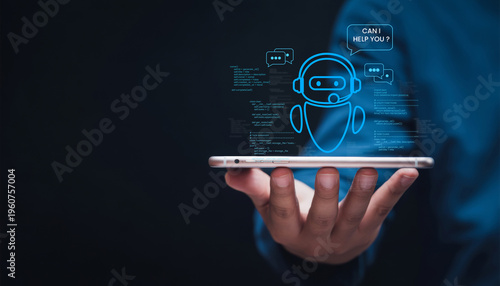Obraz na płótnie Chatbot conversation AI artificial intelligence technology online customer service, digital chatbot, robot application, OpenAI generate, futuristic technology and virtual assistant on internet
