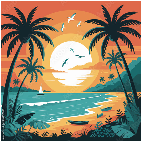 Tropical beach at sunset with palm trees and sailboats