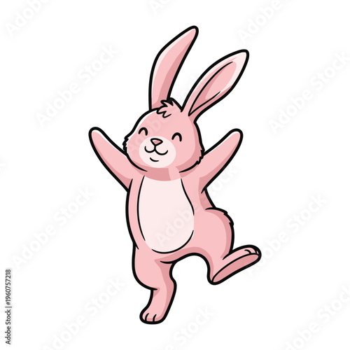 A happy pink bunny with long ears and a light pink belly stands on two feet with its arms outstretched, smiling cheerfully
