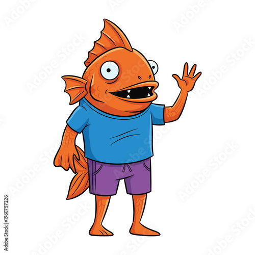 A friendly, cartoon-style character with a goldfish head and human body waves hello