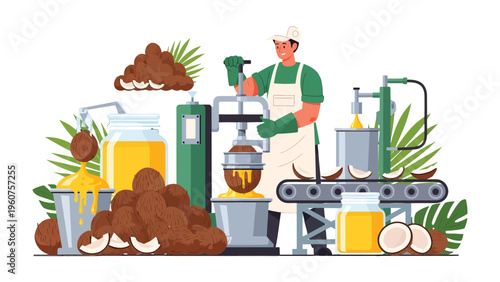 Coconut Oil Production Process: A detailed illustration shows the comprehensive process of creating coconut oil, beginning with coconuts and culminating in the final product.