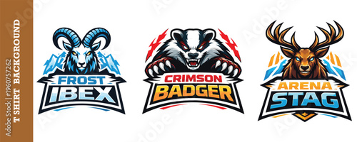 Mountain wildlife mascot designs including frost ibex crimson badger and arena stag icons.