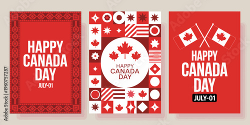 Three Canada Day celebration cards with red maple leaf