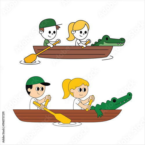 Two Pairs of Children Rowing Boat with Crocodile kids