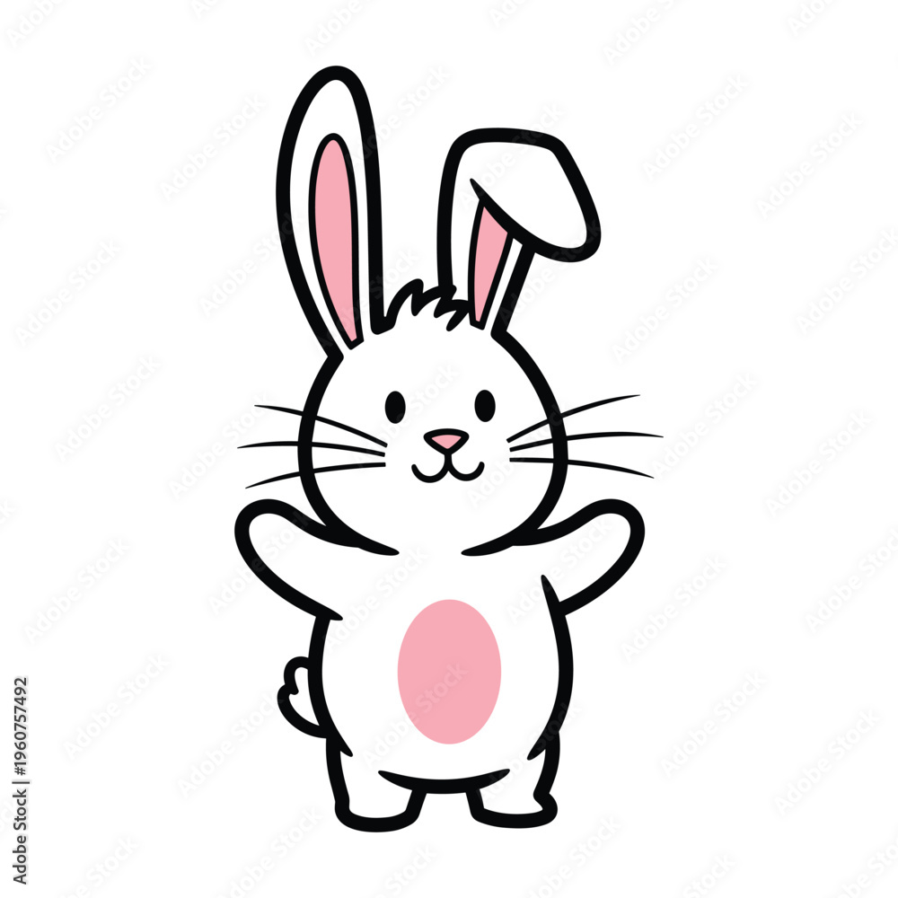 Obraz premium A cute cartoon white bunny with pink inner ears and a pink oval belly stands with arms outstretched