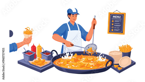 Golden Fry Chef: A chef skillfully fries food in a large pan, as a customer is served with food in background. Capturing the essence of culinary artistry and service.