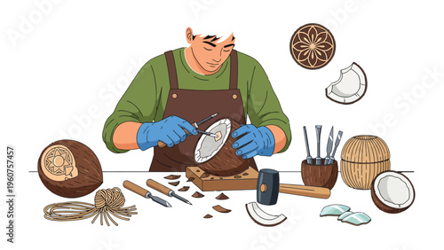 Crafting coconut: A skilled artisan meticulously carves intricate designs into a coconut shell, showcasing the beauty of traditional craftsmanship with precision and detail.