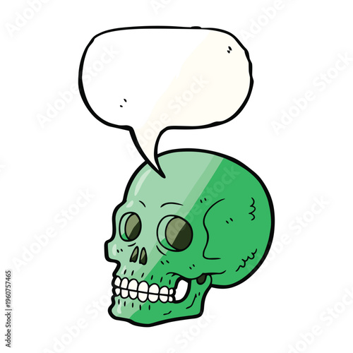 A cartoon illustration of a green skull with a blank speech bubble above its head, against a white background