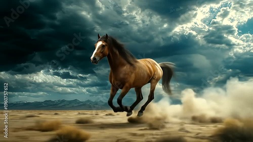 Majestic Horse Galloping Across the Desert Under a Dramatic Sky.