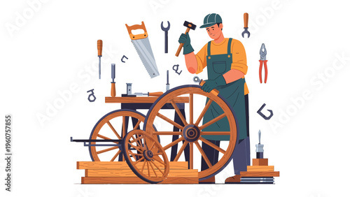 Artisan at Work: An artisan meticulously works on a wooden wheel, embodying the artistry and precision of traditional craftsmanship.