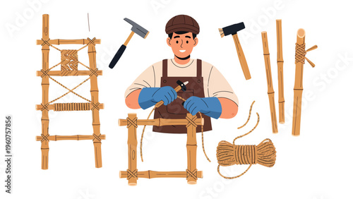 Bamboo Crafting: A skilled artisan meticulously works on a bamboo structure, showcasing the artistry and tradition of craftsmanship with precision and detail.