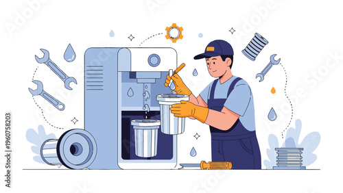 Coffee Machine Technician: A skilled technician, equipped with tools, diligently services a coffee machine, ensuring every detail functions flawlessly.