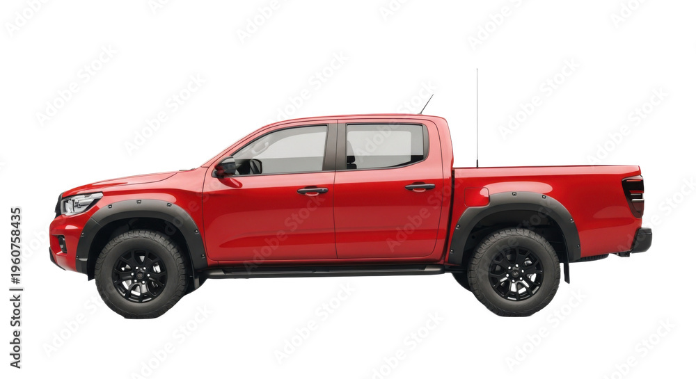 Obraz premium Red pickup truck with black fender flares and wheels isolated on transparent background