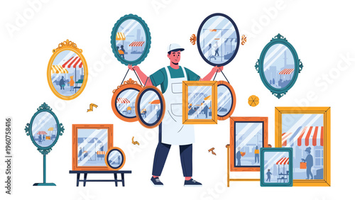 Artisan and Antique Mirrors: A craftsman, surrounded by an array of antique mirrors showcasing reflected city life, ready for sale. The scene evokes a sense of nostalgia and artistry.