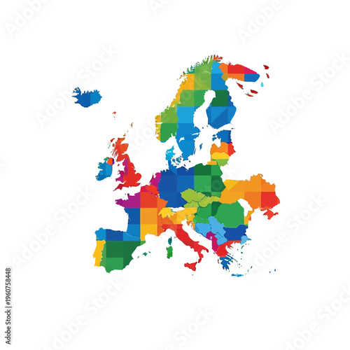 Colorful map of Europe, representing various countries and regions