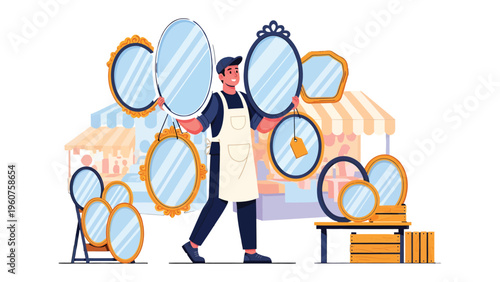 Mirror Merchant's Display: A craftsman showcases an array of exquisite mirrors, each reflecting artistry and elegance, in an open-air market setting, where creativity meets craftsmanship.