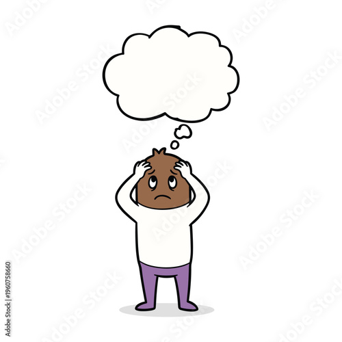 A cartoon illustration of a distressed person with hands on their head and an empty thought bubble above them