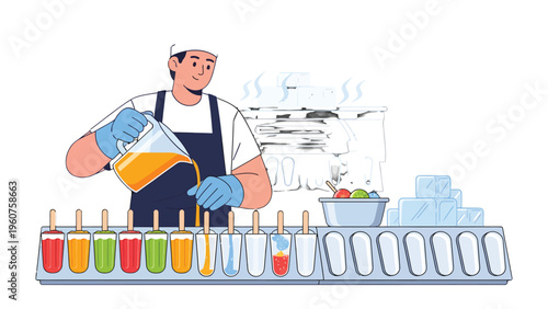 Artisan's Ice Pop Creation: An artisan, meticulously crafts a vibrant assortment of ice pops, each one a burst of color and refreshing flavor, filling molds with liquid fruit juice and ingredients.