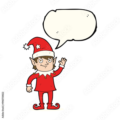 A friendly cartoon elf in a red suit and hat, waving cheerfully with a blank speech bubble above his head