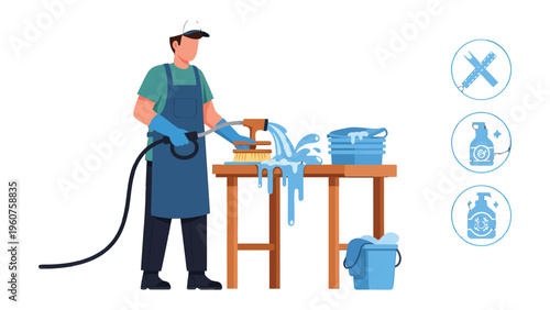 Man at work cleaning table: A dedicated worker diligently cleans a table using water, showcasing the process with a focus on hygiene and cleanliness. 