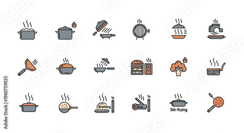 A collection of colorful flat icons depicting various cooking techniques and kitchen equipment use Vector, illustration