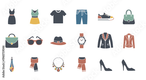 A collection of colorful flat icons representing various fashion items and everyday accessories Vector, illustration