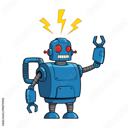 A happy blue robot with red eyes and lightning bolts above its head on a white background