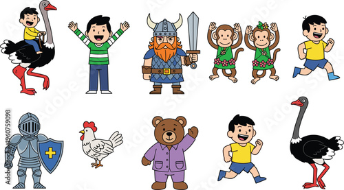 Cartoon Animal and Character Set Featuring Ostrich, Knight, Viking, Monkey, Bear, and Boy with Various Poses for Kids and Entertainment Designs