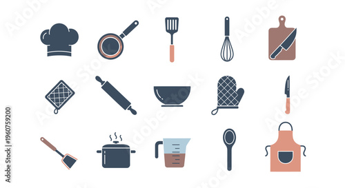 A collection of fifteen minimalist kitchen and cooking icons set on a clean white background area Vector, illustration