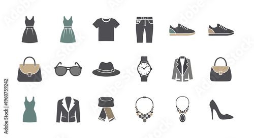 A collection of flat vector icons representing various fashion clothing items and accessories set Vector, illustration