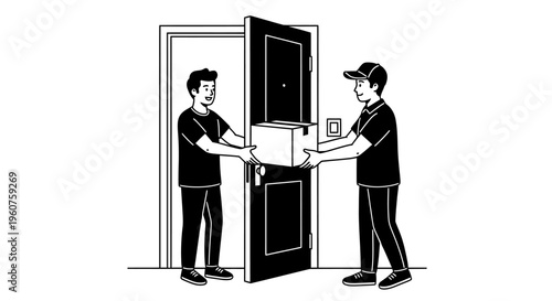 A delivery person handing a cardboard parcel to a customer standing at the front door of a house Vector, illustration