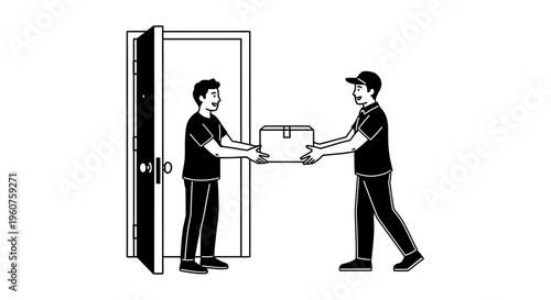 A delivery man handing a cardboard package to a customer at the front door of a residential home Vector, illustration
