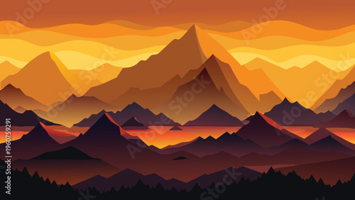 A vibrant digital illustration of a layered mountain range during a glowing golden hour sunset