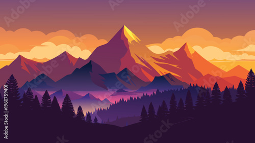 A serene digital illustration of majestic mountain peaks glowing under a vibrant sunset sky at dusk