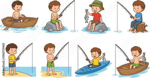 Cartoon Boy Fishing on Boat, Rock, and Beach with Fish in Various Poses and Clothing